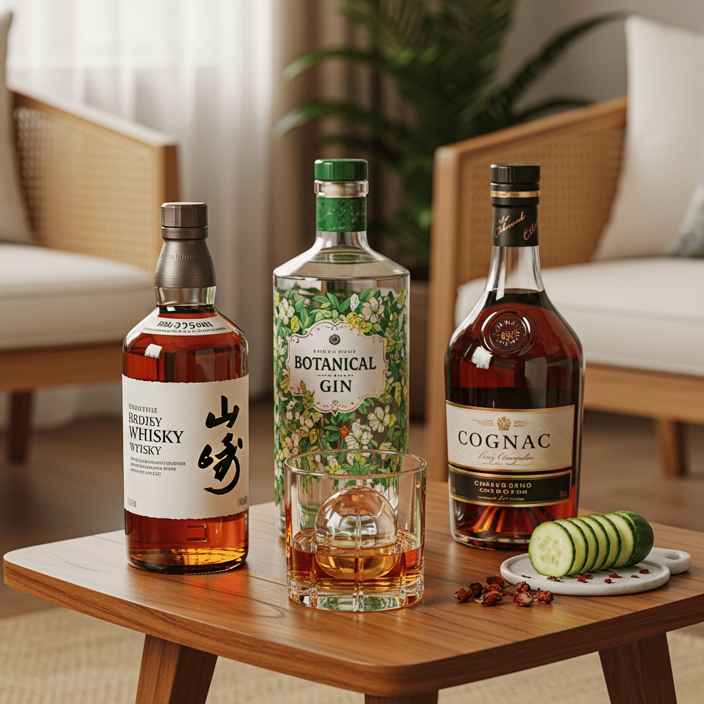 Japanese whisky, gin, and cognac bottles with crystal glassware arranged for an elegant petaling jaya home gathering occasion