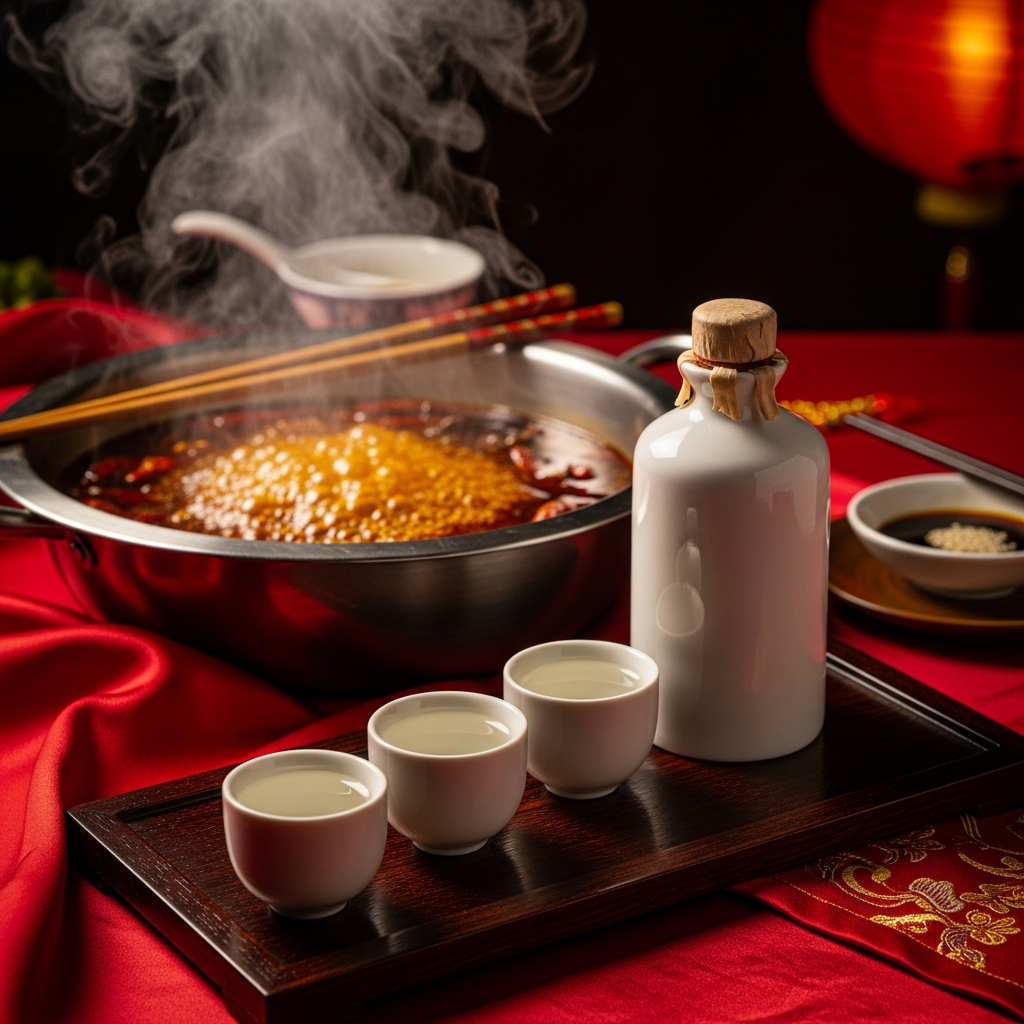 Baijiu in small cups beside a bubbling mala hotpot
