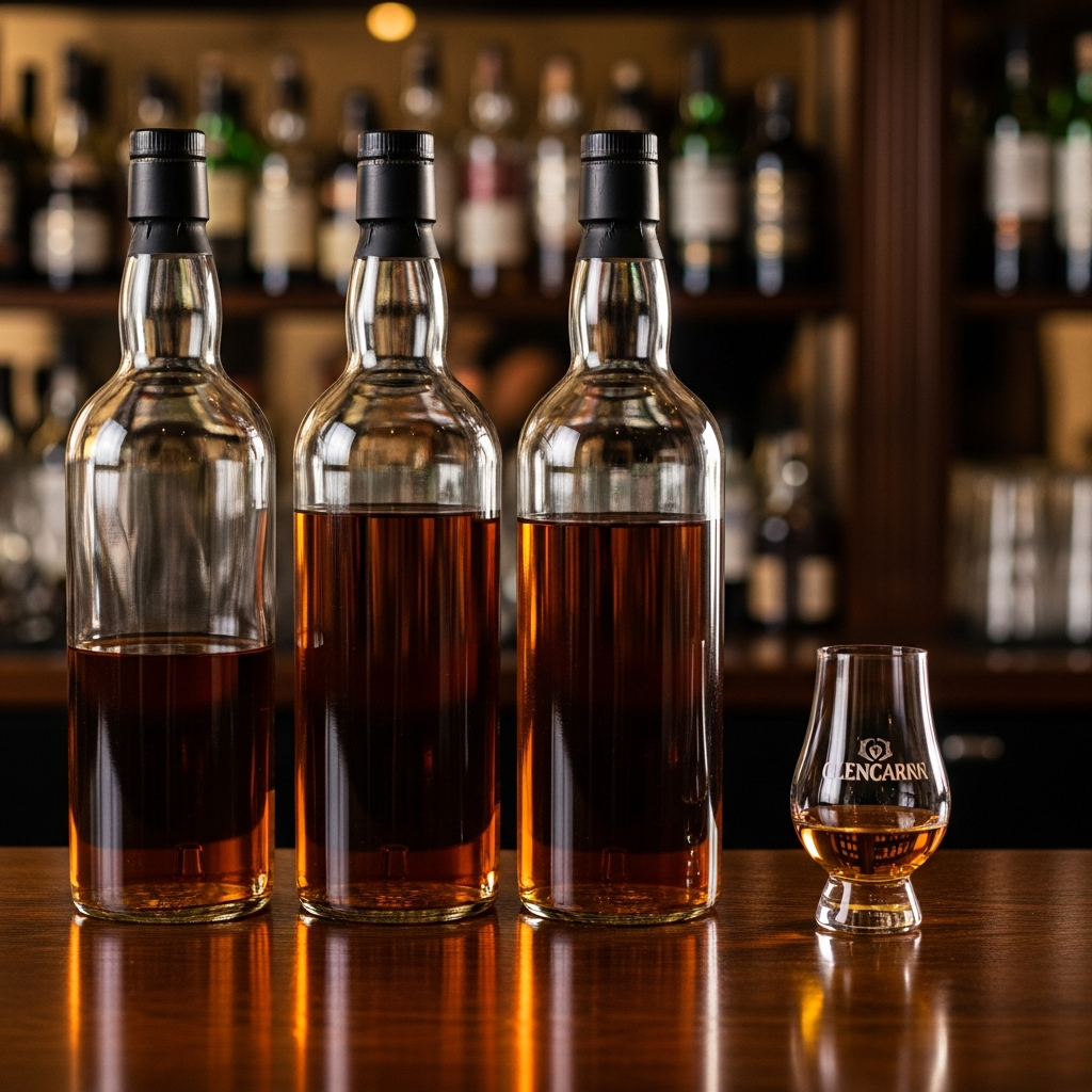 Three unlabeled beginner-friendly whisky bottle silhouettes with a glencairn glass on a bar counter, representing blended scotch styles to try