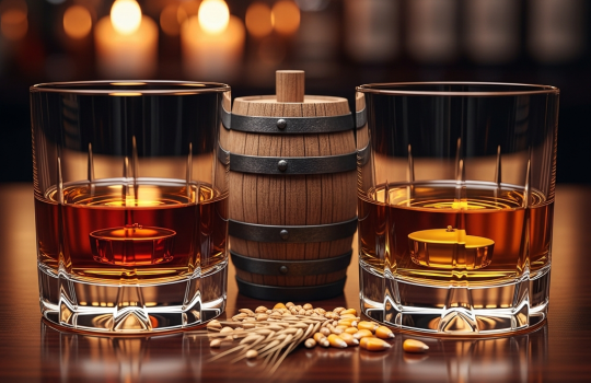 Bourbon and Scotch whisky compared side by side with corn and barley
