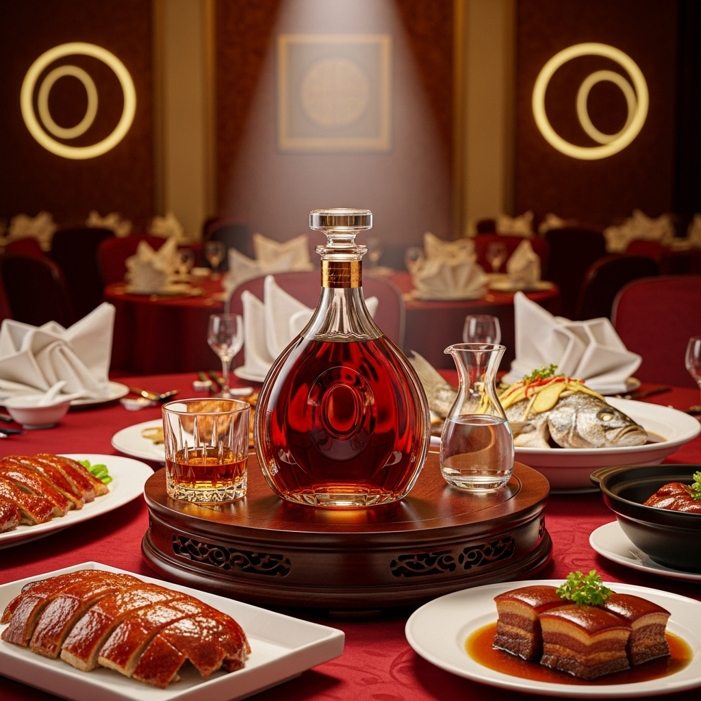 Cognac decanter at a cantonese banquet table with roast duck