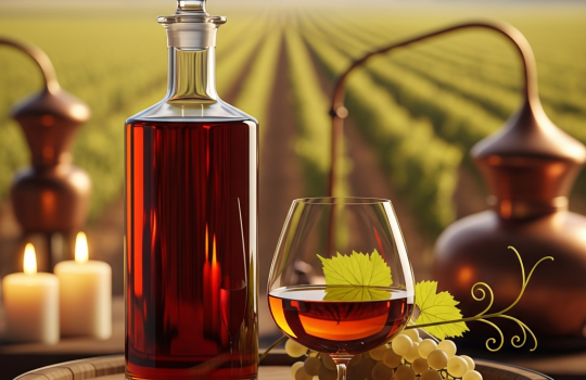 Cognac in a snifter beside a decanter with vineyard and oak barrel backdrop
