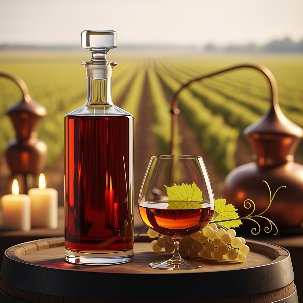 Cognac in a snifter beside a decanter with vineyard and oak barrel backdrop