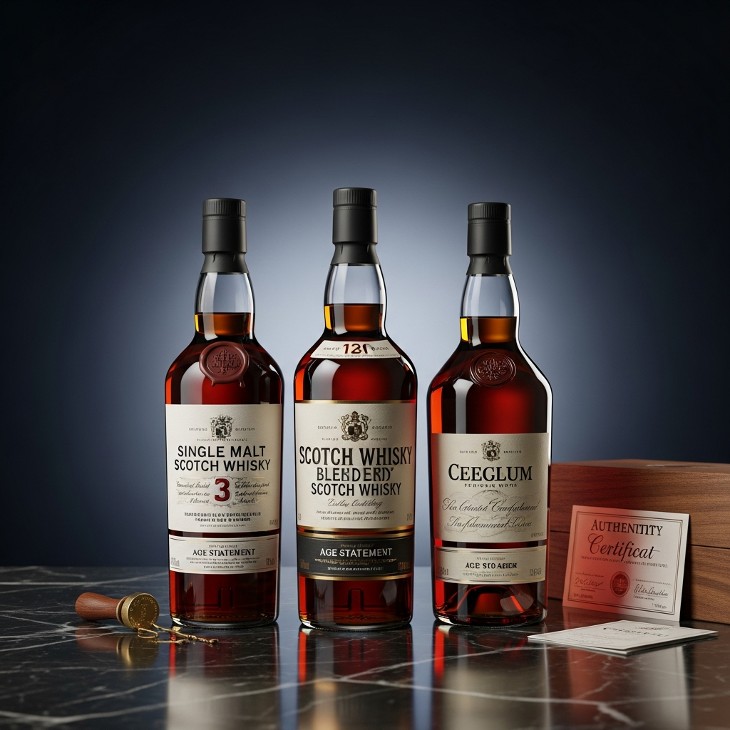 Three premium spirits bottles with original seals and age statements on a dark marble surface, representing genuine stock from authorized distributors in malaysia