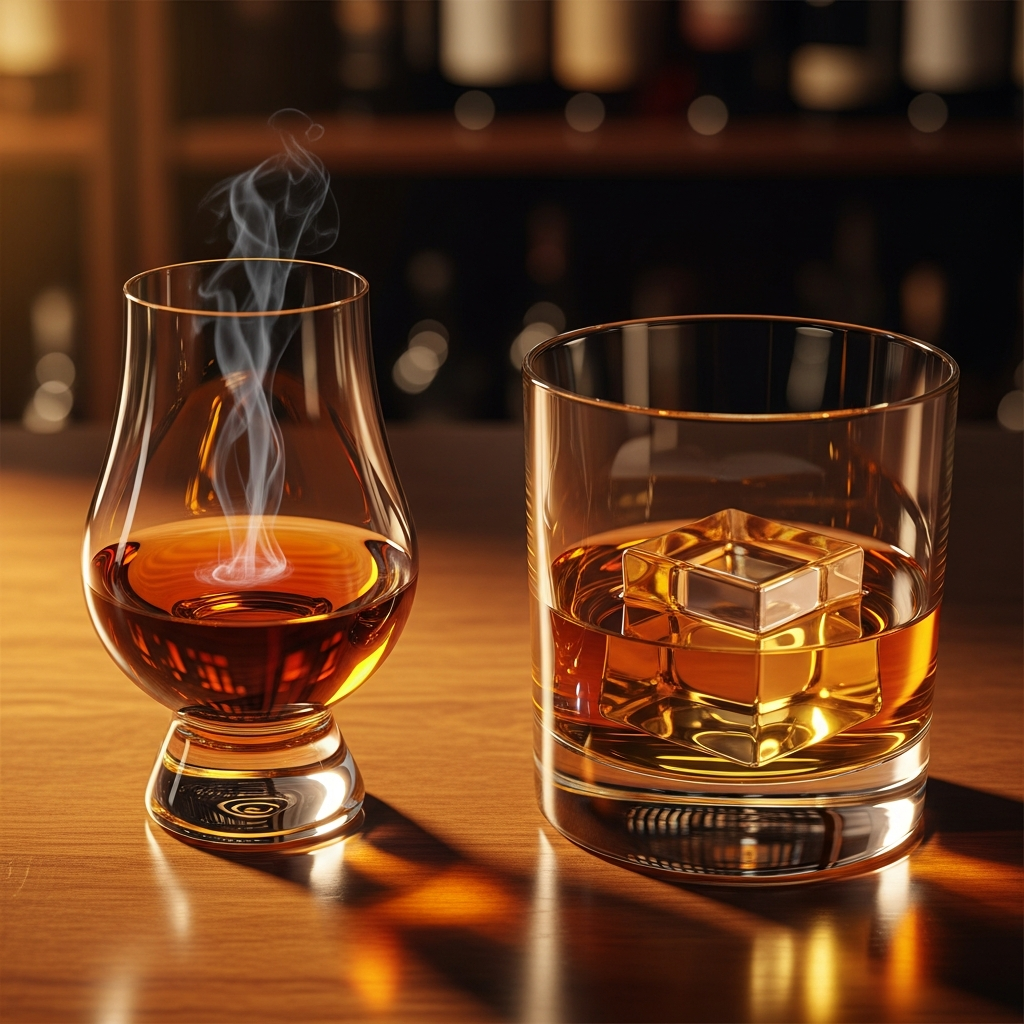 Glencairn tulip glass and classic rocks tumbler side by side filled with amber whisky on a dark oak bar surface