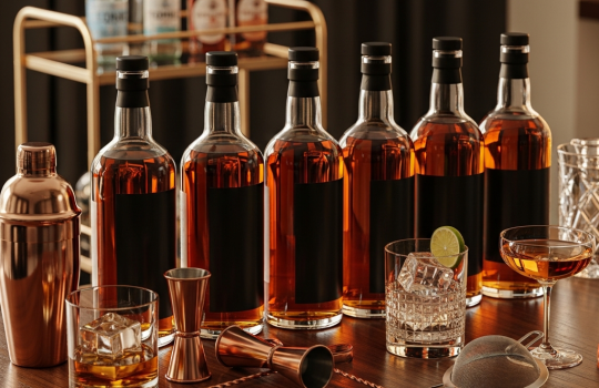 Home bar starter setup with six spirit bottles and bar tools