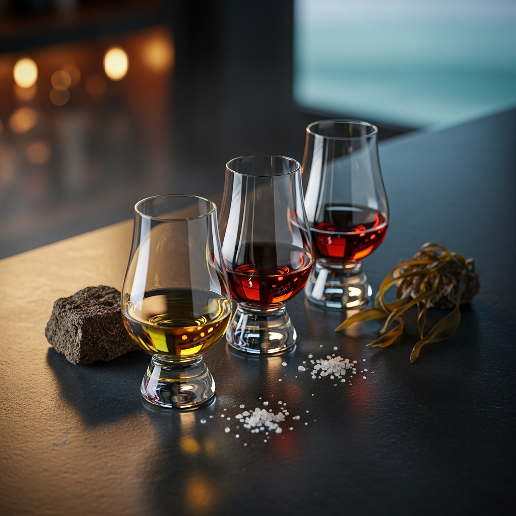 Islay peated whisky tasting flight from light to heavy