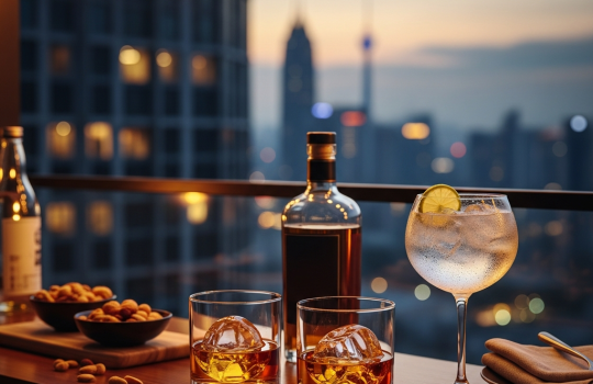 KL condo balcony home bar with the city skyline at dusk