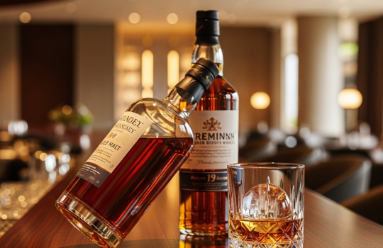 Premium whisky bottles and a crystal tumbler on a mahogany bar counter in an upscale Malaysian bar, representing legal adults-only drinking at 21