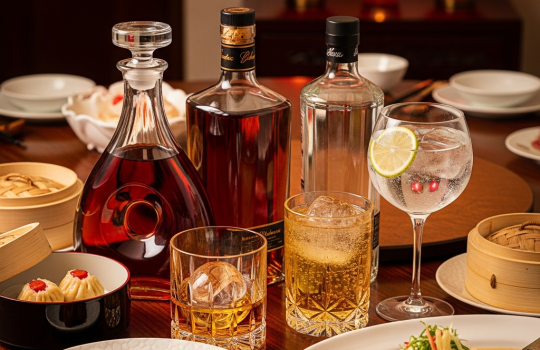 Spirits paired with Malaysian-Chinese dishes on a dining table