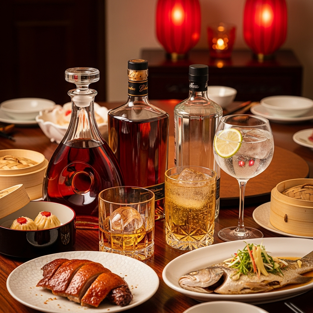 Spirits paired with malaysian-chinese dishes on a dining table