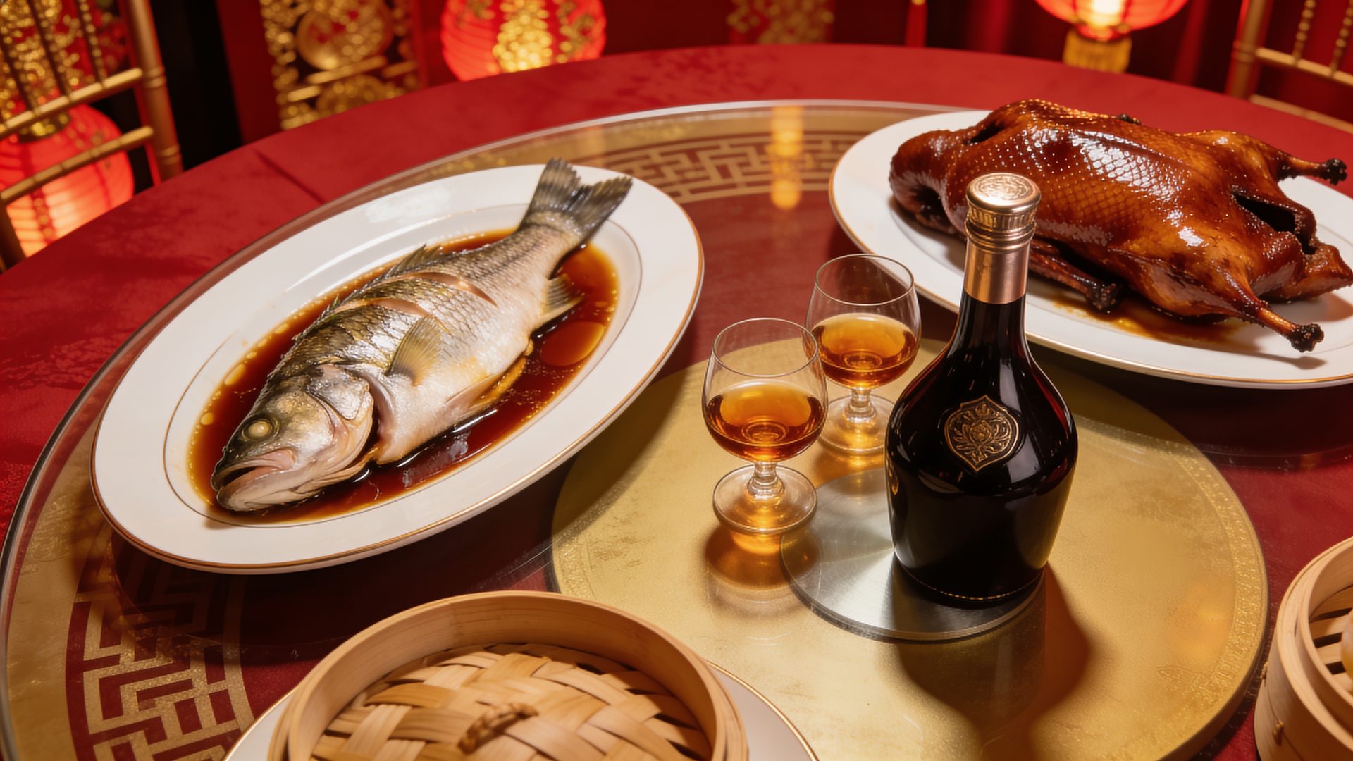 Cantonese banquet table with roast duck, steamed fish and glasses of cognac on a lazy susan