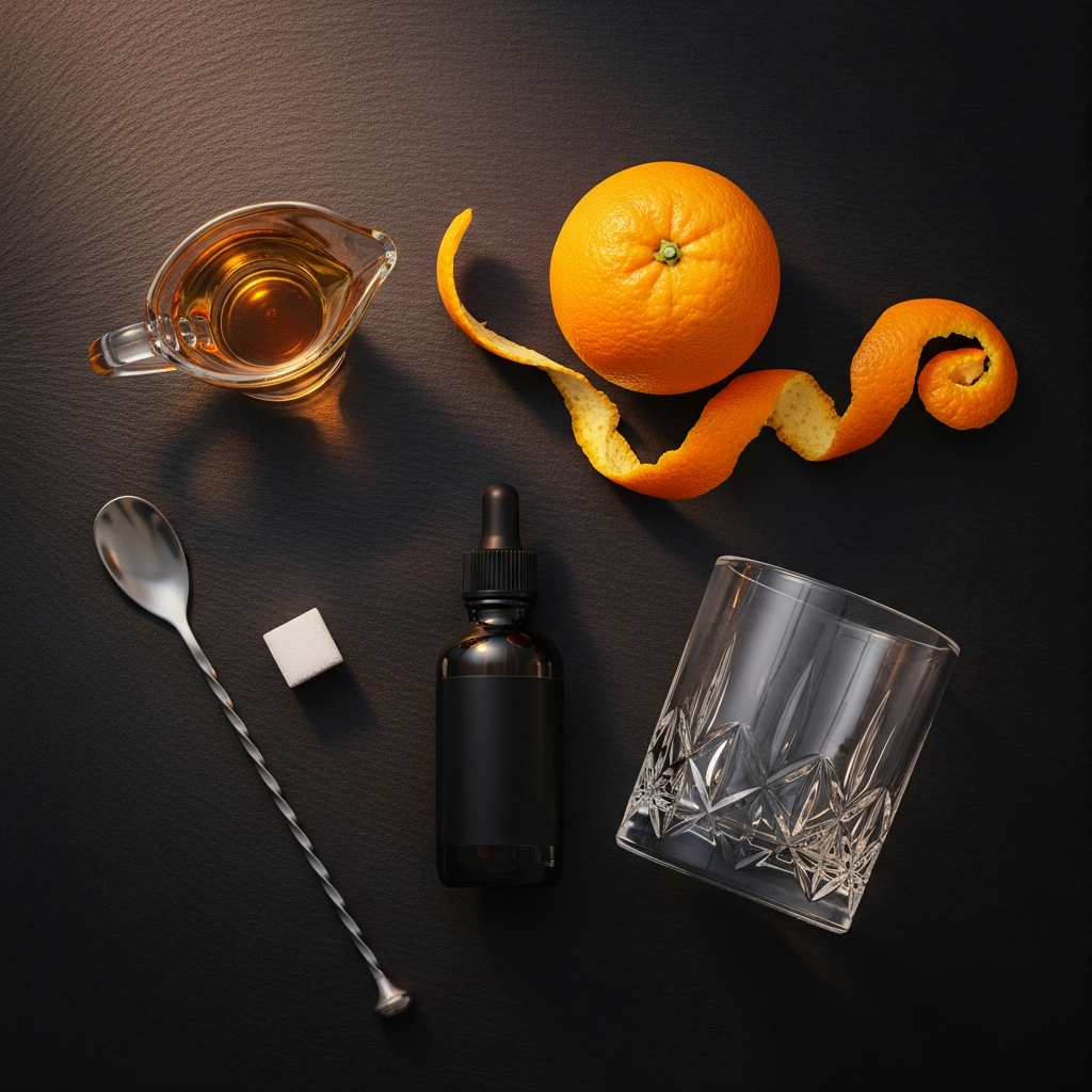 The four old fashioned ingredients: whisky, sugar, bitters and orange