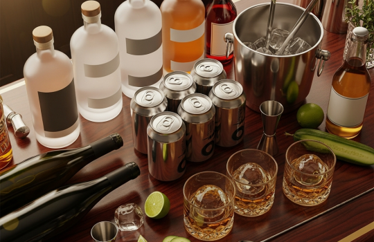 Party drinks planning spread with spirits, beer, wine and ice bucket