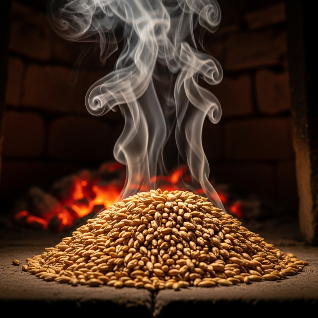 Malted barley drying over peat smoke during the kilning process