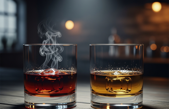 Peated versus unpeated whisky side by side: smoky dram and clean dram