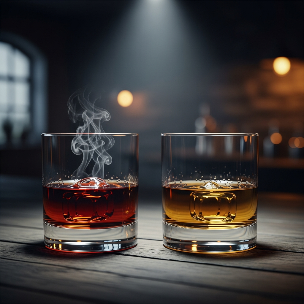 Peated versus unpeated whisky side by side: smoky dram and clean dram