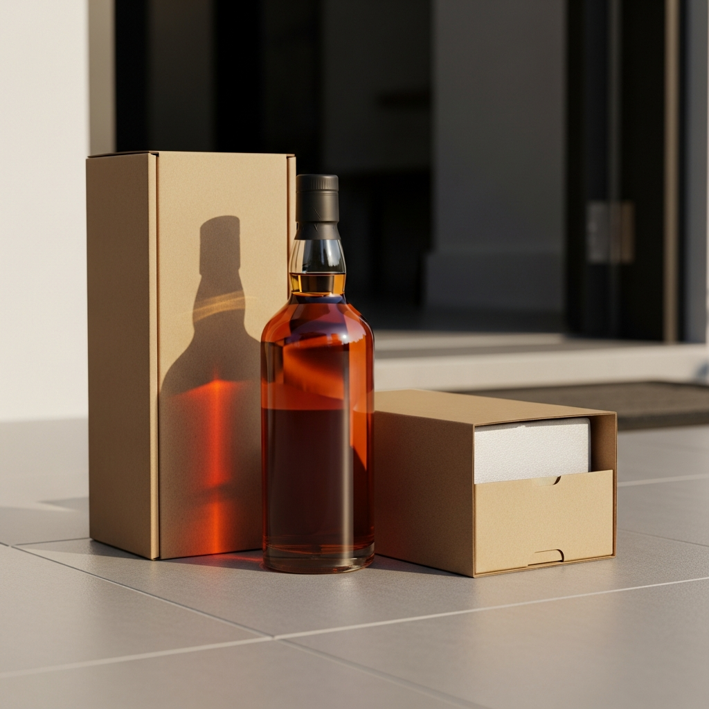 Sealed premium whisky bottle with its gift box delivered to a malaysian doorstep, illustrating responsible same-day alcohol delivery