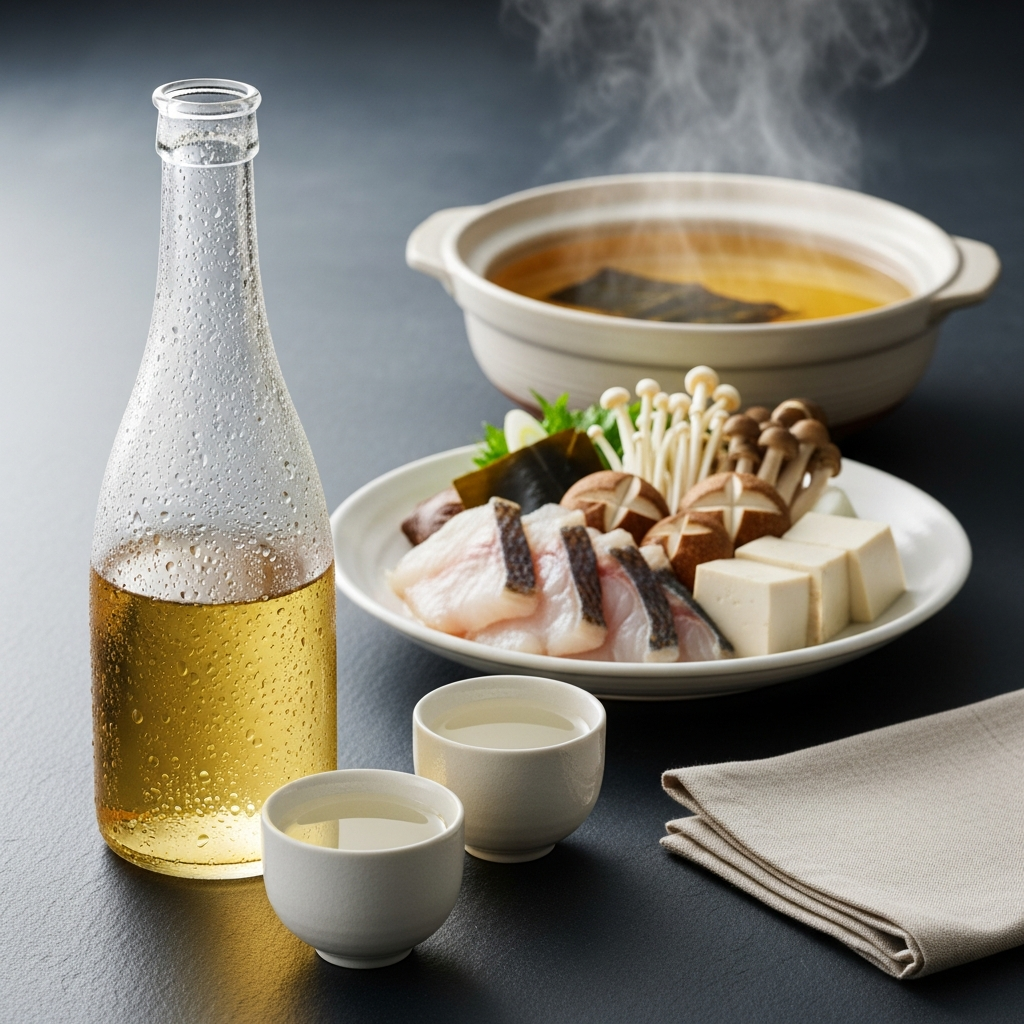 Chilled sake served with a clear-broth japanese-style hotpot
