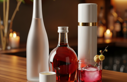 Premium sake and umeshu bottles with a ceramic sake cup and plum liqueur on ice in a warm Japanese-inspired bar