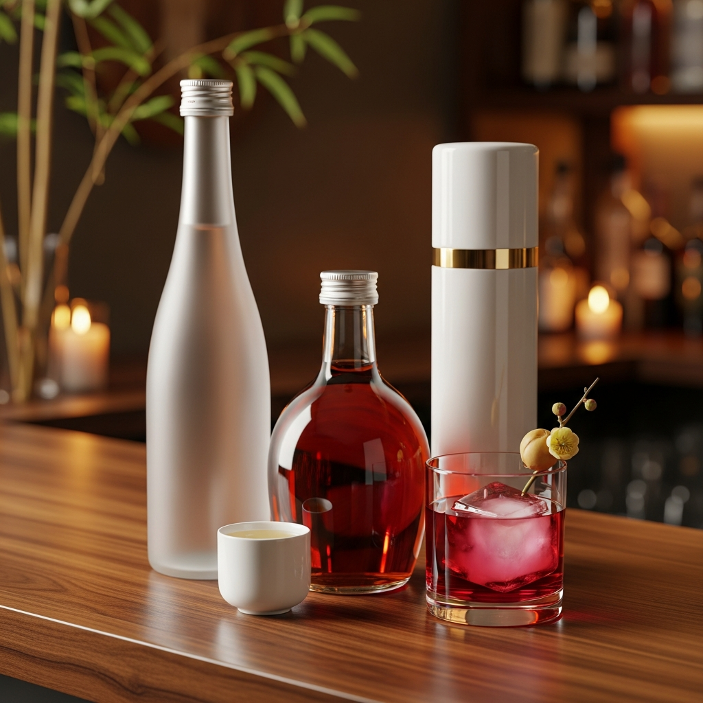 Premium sake and umeshu bottles with a ceramic sake cup and plum liqueur on ice in a warm japanese-inspired bar