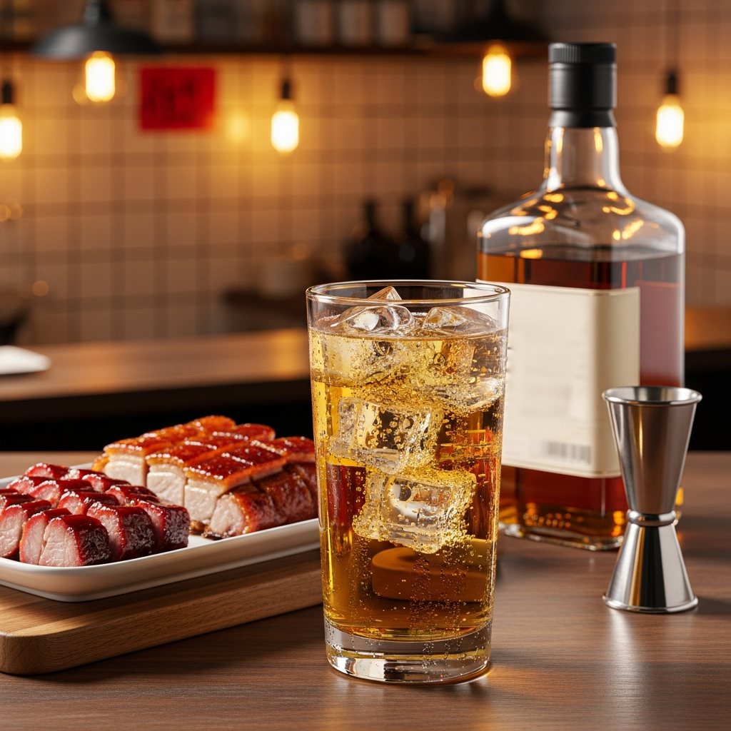 Whisky highball paired with char siu and siu yuk