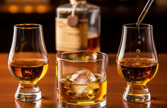 Three whisky glasses showing neat, on-the-rocks with an ice sphere, and water-drop serving styles on an oak bar counter