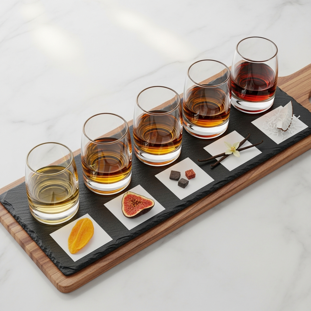 World whisky tasting flight with tropical fruit tasting notes