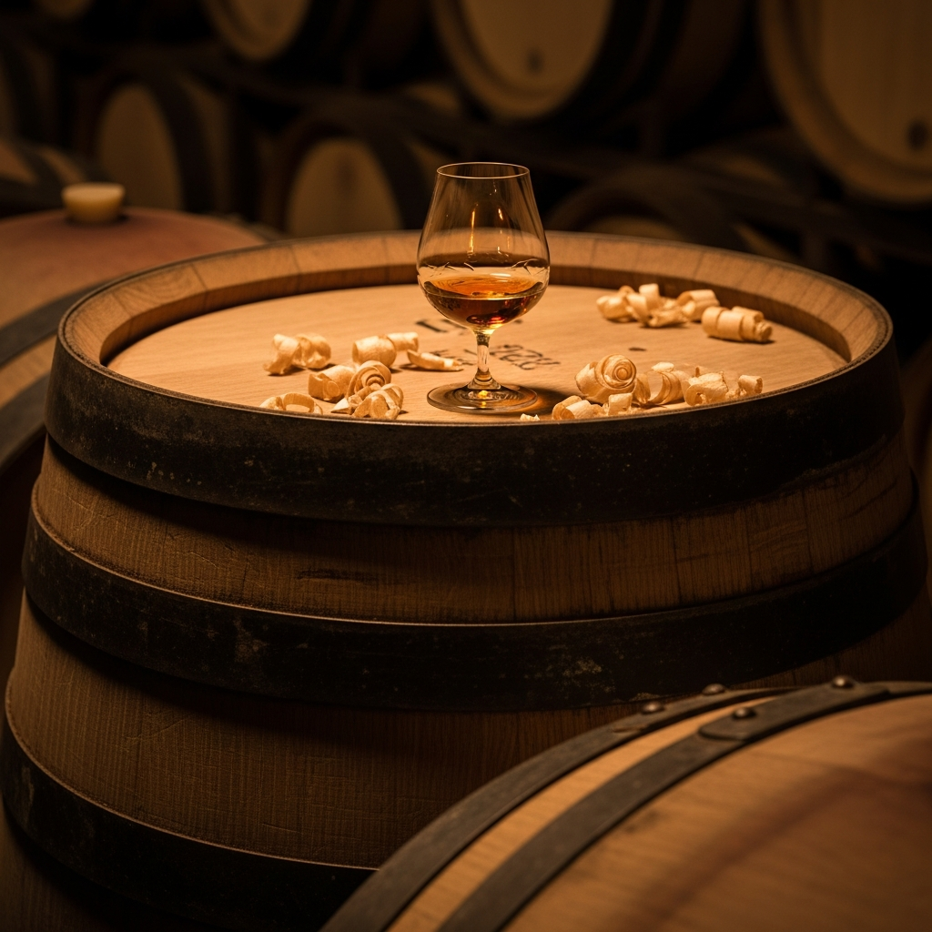 Cognac glass resting on an oak barrel, representing ageing over time