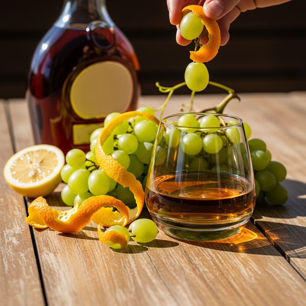 Vs cognac with fresh grapes and citrus peel, bright fruity profile