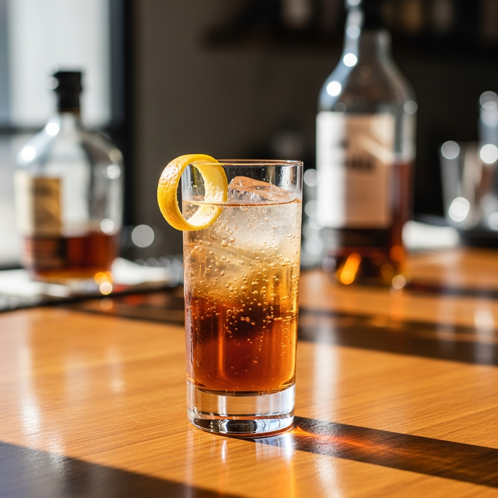 Cognac highball with soda and citrus twist