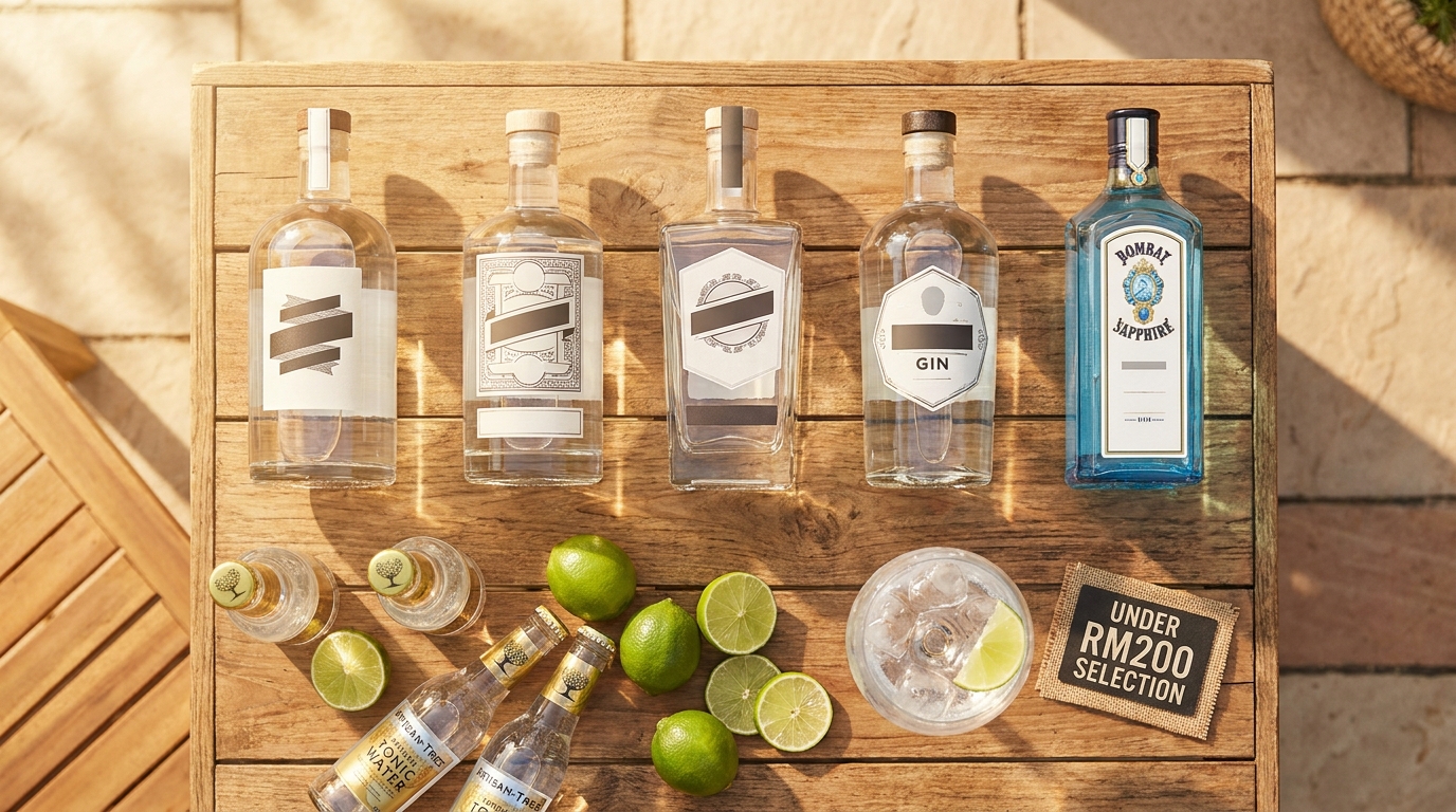 Flat-lay of five gin bottles under rm200 lined up with tonic, lime, and a gin glass, shot in warm daylight