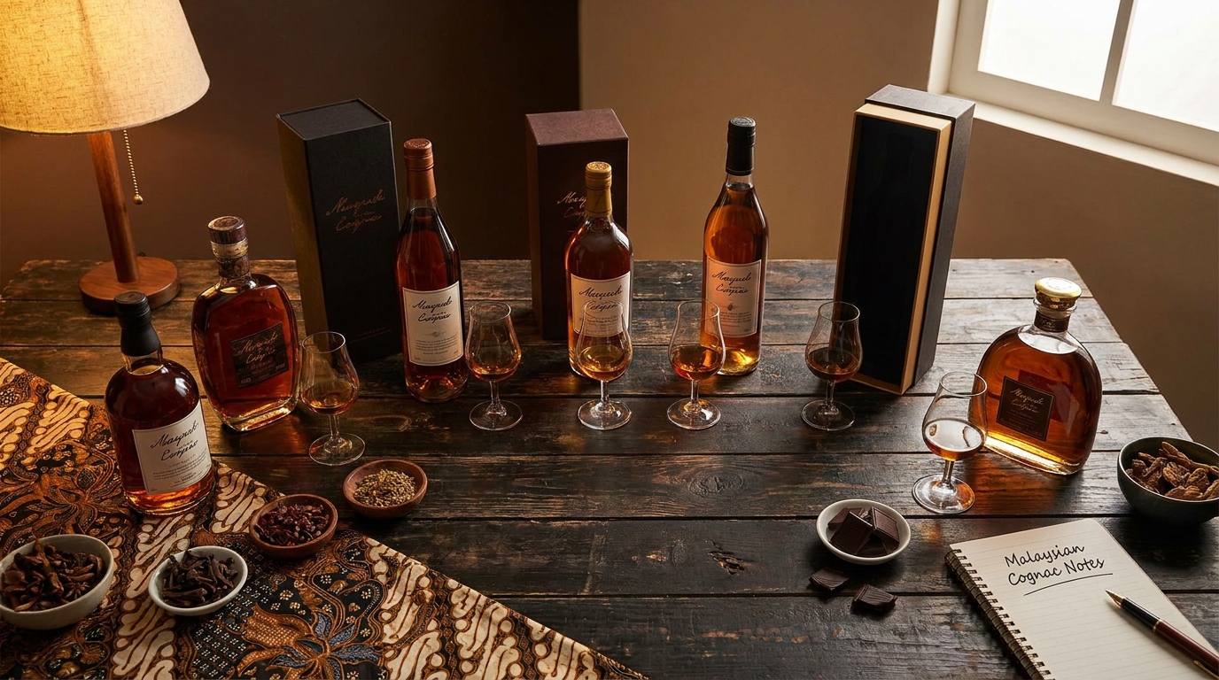 Flat-lay of seven cognac bottles and tulip glasses on a dark wood table