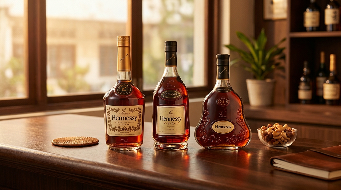 Hennessy vs, vsop, and xo bottles lined up together