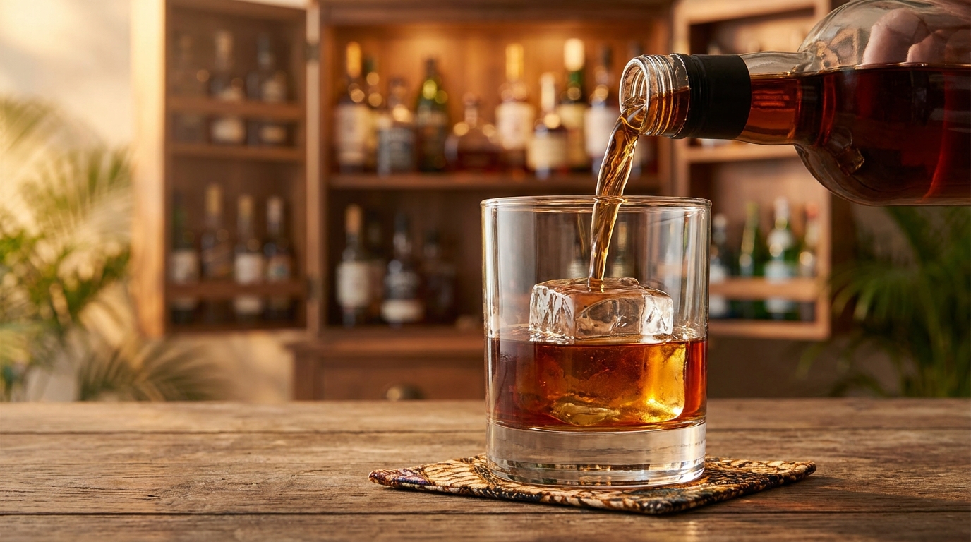 Dark rum poured neat into a rocks glass with a single ice cube