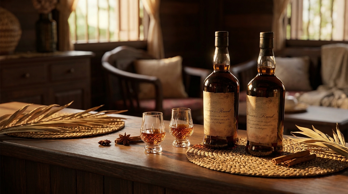 Two aged rum bottles side by side with tasting glasses, no ice
