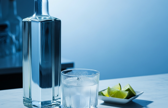Vodka served with lime on a home bar counter