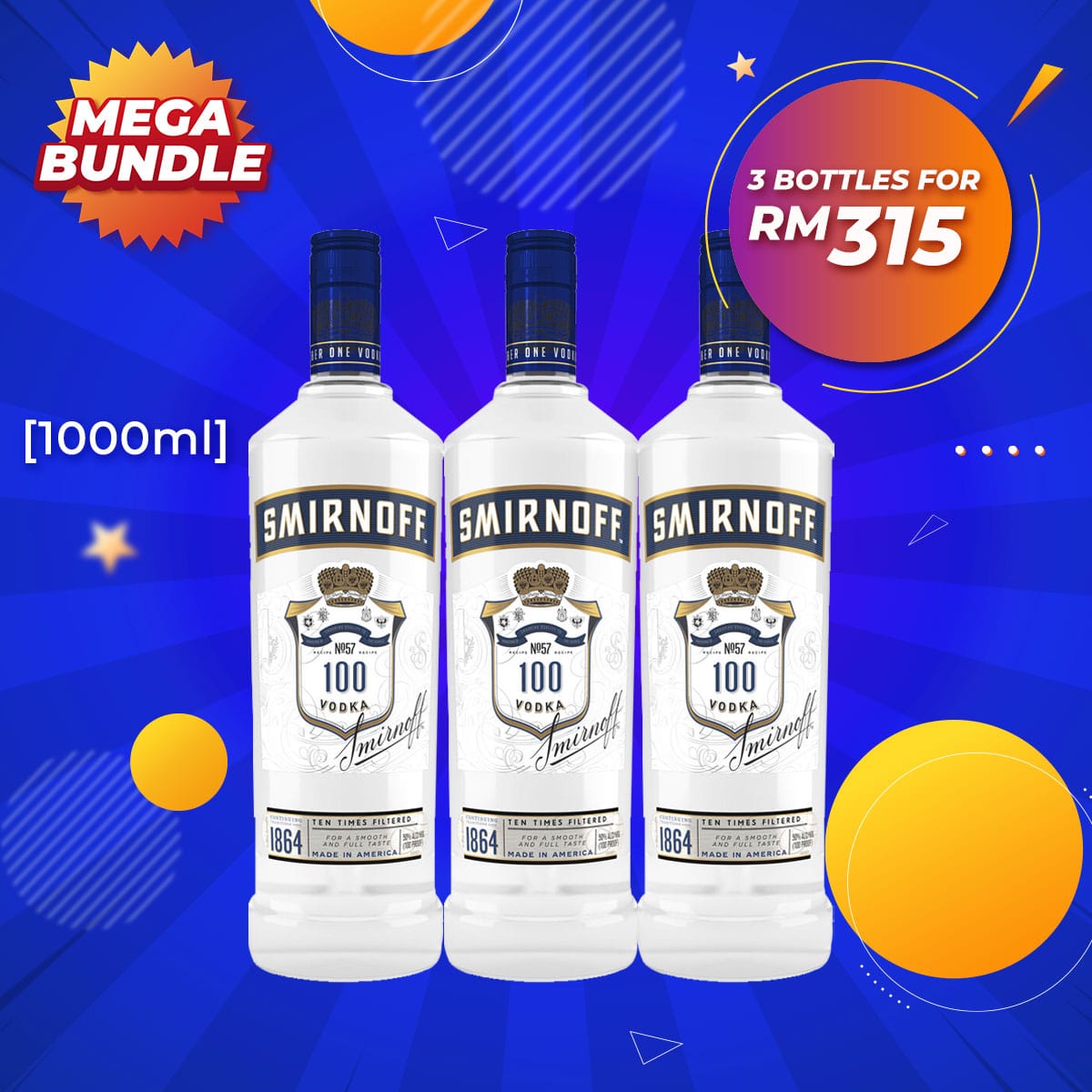 Mega Big Bundle - Smirnoff Blue Distilled Vodka [1000ML] x 3