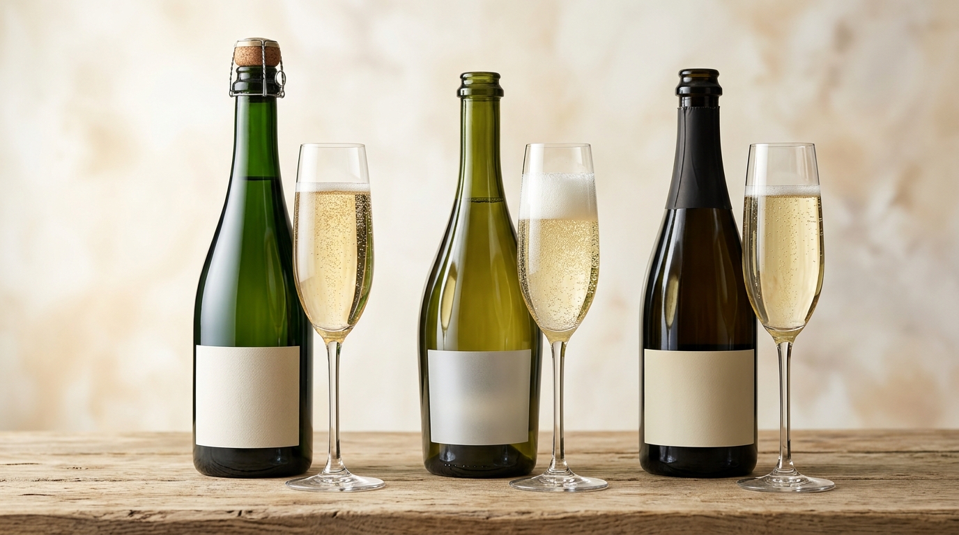 Three sparkling wine bottles representing champagne, prosecco, and cava lined up with filled flute glasses on a wooden surface for comparison
