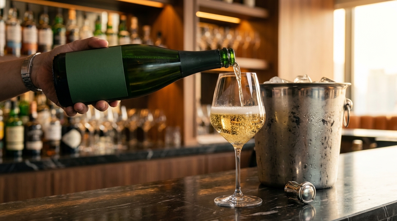 Champagne bottle angled at 45 degrees pouring into a wide tulip crystal glass beside a silver ice bucket on a marble bar counter for proper serving guide