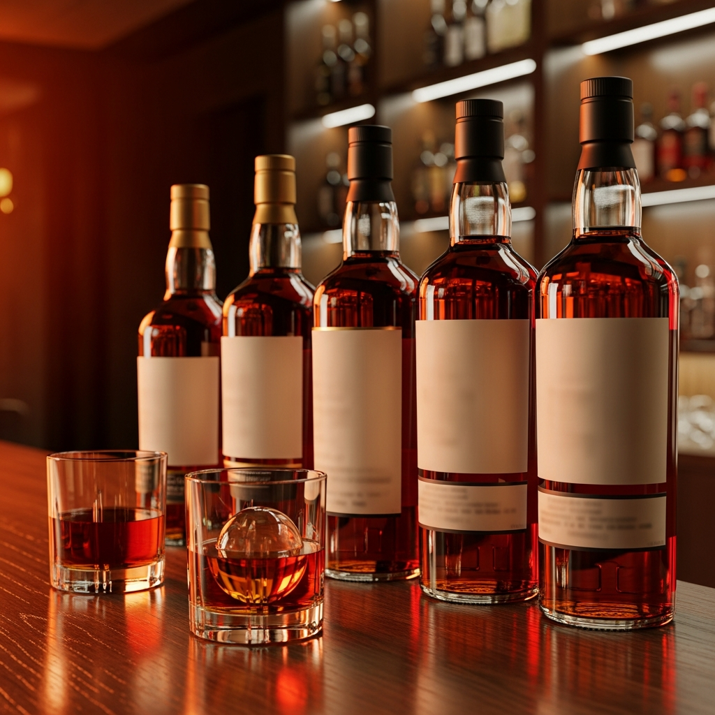 Chivas regal blended scotch whisky bottle lineup on an oak bar counter with crystal tumblers, malaysia