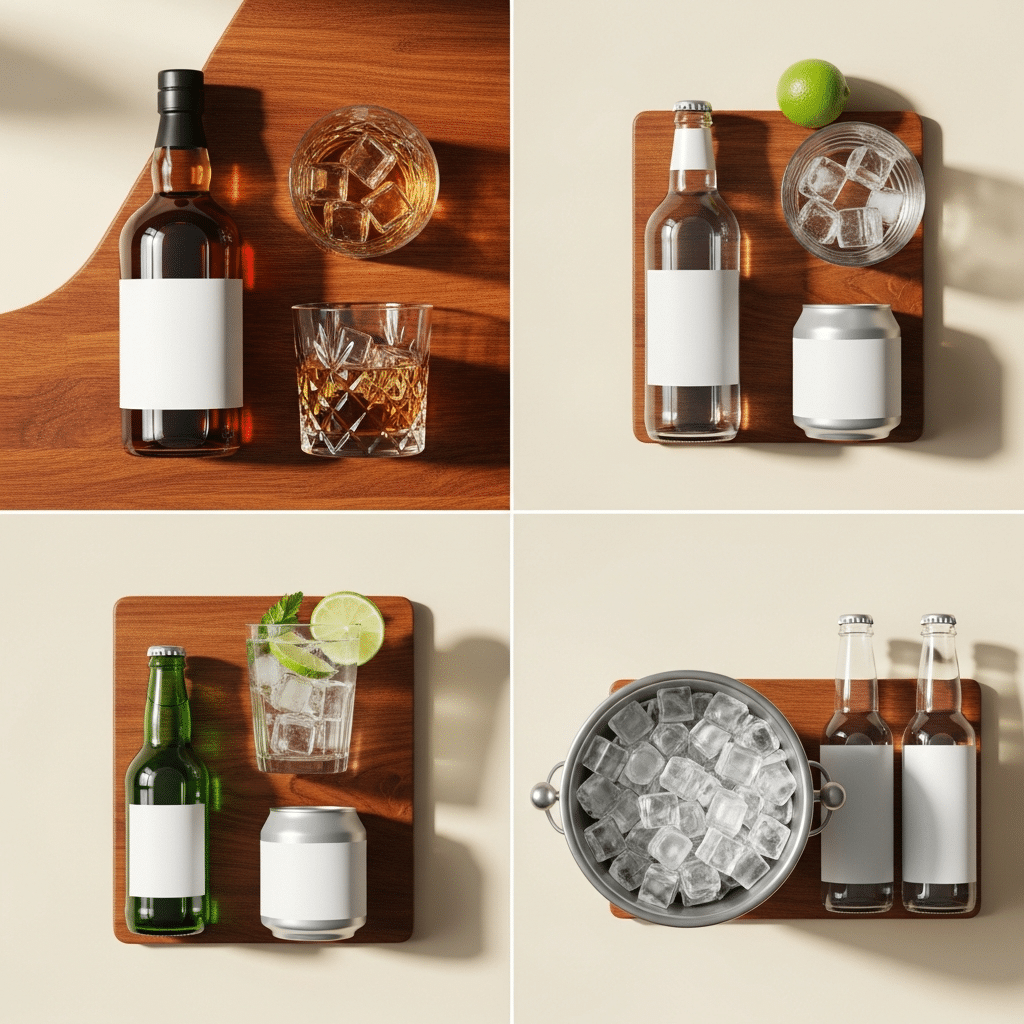 Overhead flat lay of four last-minute hosting essentials — whisky bottle, mixer spirit, alcohol-free gin option, and ice bucket with mixers — arranged on a dark oak surface as a visual checklist