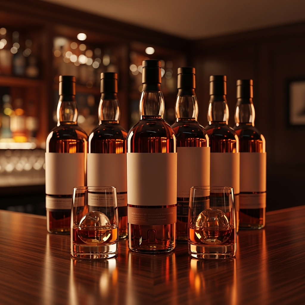 Glenallachie speyside single malt whisky bottle lineup on an oak bar counter with crystal tumblers, malaysia