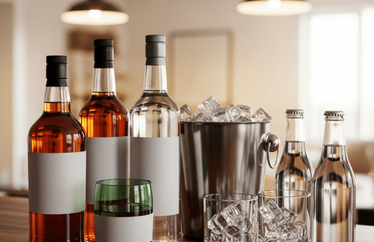 Last-minute home bar setup with whisky, vodka, alcohol-free spirit, ice bucket, and mixers arranged on a warm oak counter for guests arriving soon in the Klang Valley